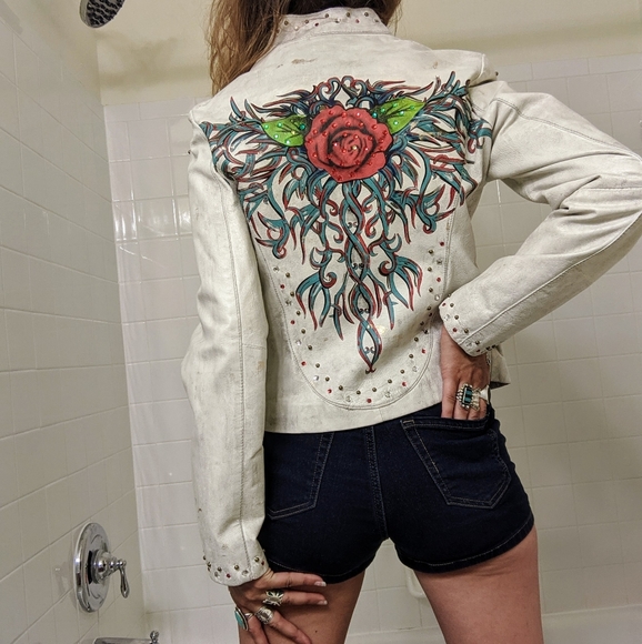 90s handpainted white leather rose biker jacket - Picture 6 of 6